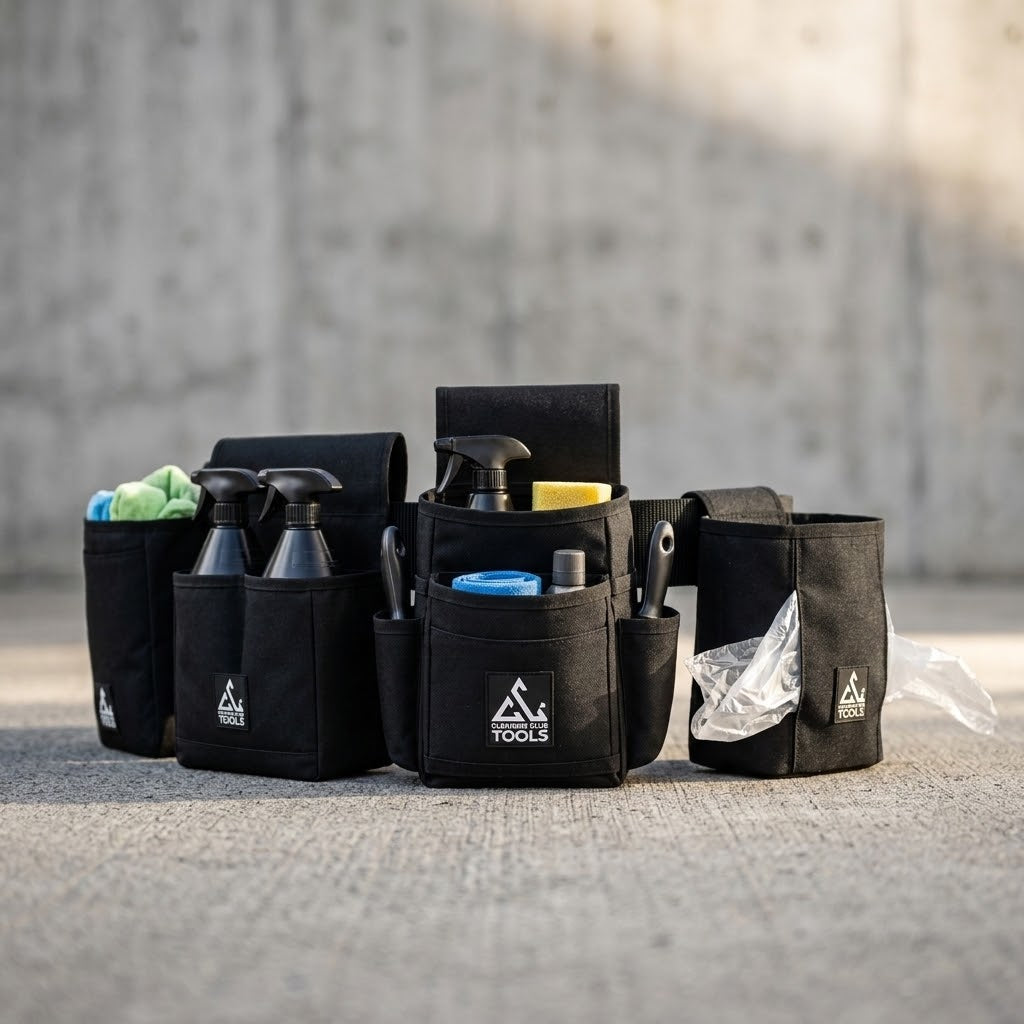 Schwarzer Reinigungsgürtel mit fünf robusten Taschen und Fächern für Reinigungswerkzeug und Zubehör.